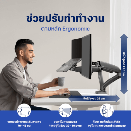 LUNIO ERGO MONITOR ARM CYBOT แขนจับจอ ขาตั้งจอ สีเทา หมุนได้360° ช่วยปรับท่านั่ง ลดดการปวดคอบ่าไหล่ เพิ่มจำนวนจอคอม 1 แขน_4
